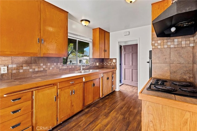 kitchen with sink, extractor fan, tasteful backsplash, black electric cooktop, and dark hardwood / wood-style floors