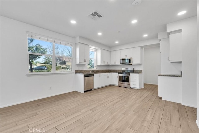 kitchen featuring sink, stainless steel appliances, light hardwood / wood-style floors, white cabinets, and dark stone counters