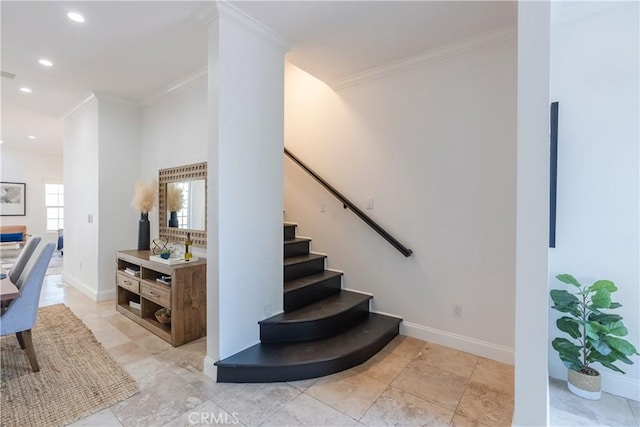 stairs featuring ornamental molding