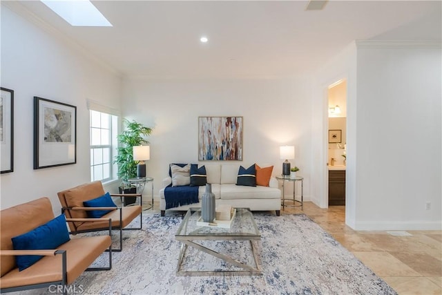 living room with crown molding and a skylight