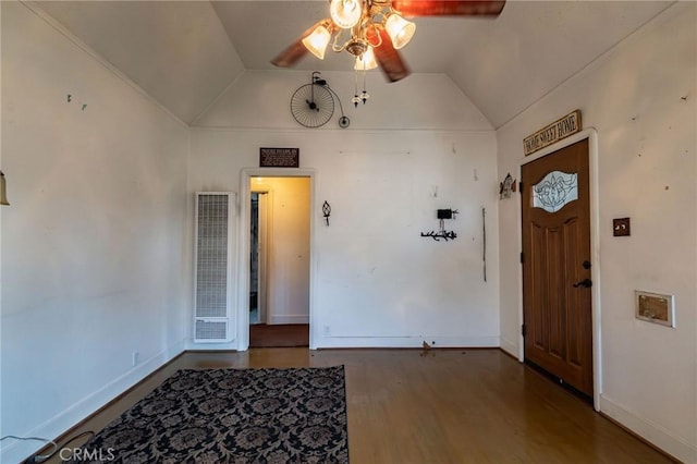 foyer featuring ceiling fan, vaulted ceiling, and hardwood / wood-style floors