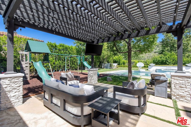 view of patio featuring an outdoor hangout area, a pergola, and a playground