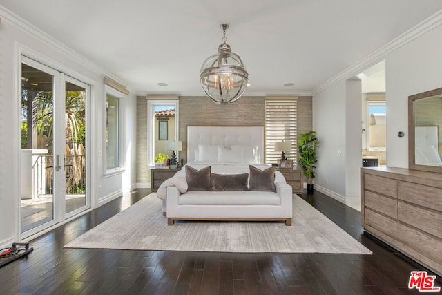 bedroom with multiple windows, access to exterior, and dark hardwood / wood-style floors