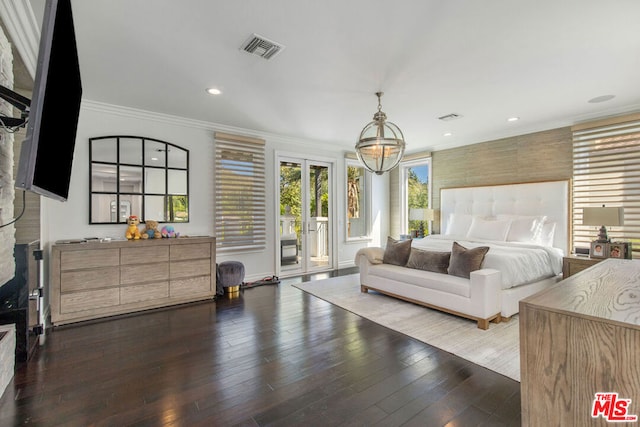 bedroom featuring access to exterior, ornamental molding, and dark hardwood / wood-style floors