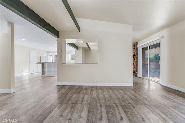 unfurnished living room featuring beam ceiling and light hardwood / wood-style floors