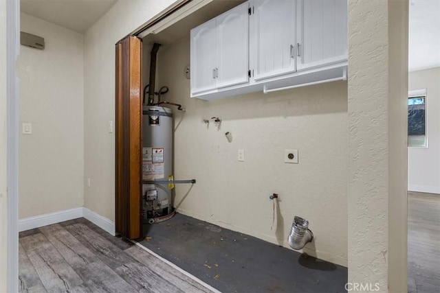 laundry room featuring cabinets, wood-type flooring, hookup for an electric dryer, and water heater