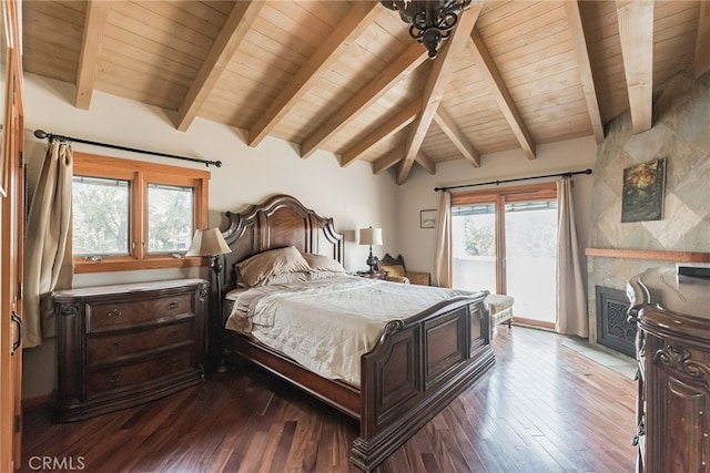 bedroom with hardwood / wood-style floors, access to outside, wooden ceiling, and lofted ceiling with beams