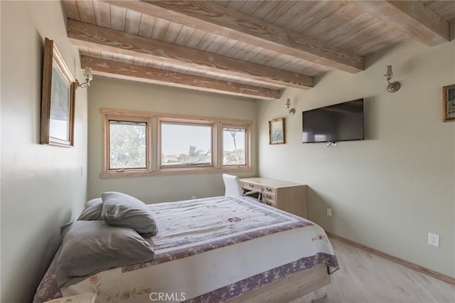 bedroom with beam ceiling, wood ceiling, and light hardwood / wood-style floors