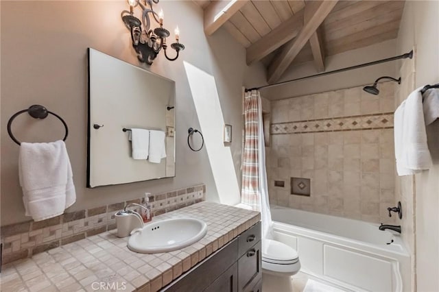 full bathroom with lofted ceiling with beams, backsplash, shower / tub combo, wood ceiling, and toilet