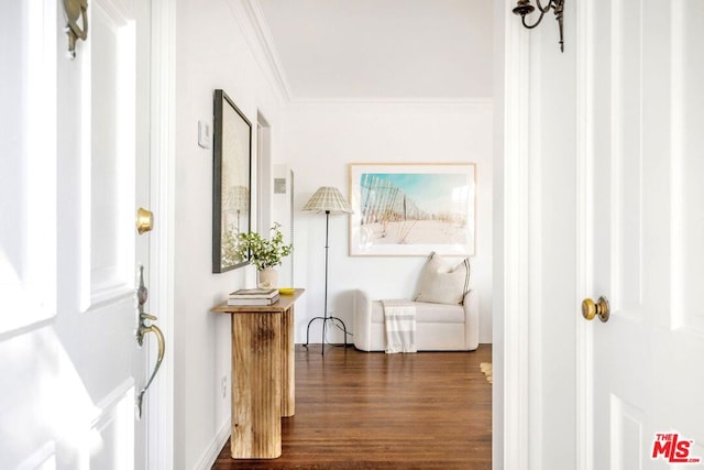 hall featuring crown molding and dark wood-type flooring