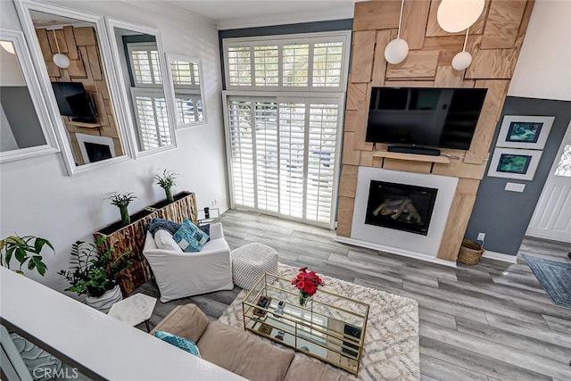 living area with a glass covered fireplace, wood finished floors, and ornamental molding