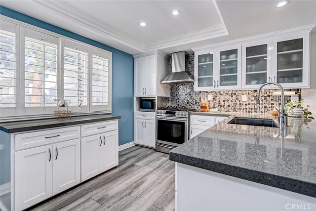 kitchen with light wood finished floors, a sink, white cabinetry, wall chimney range hood, and appliances with stainless steel finishes