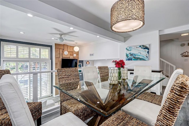 dining room featuring recessed lighting, ceiling fan, beam ceiling, and visible vents