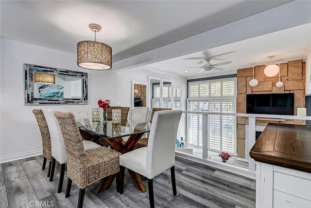 dining space featuring wood finished floors, ceiling fan, and baseboards