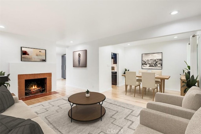 living room featuring a fireplace and light wood-type flooring