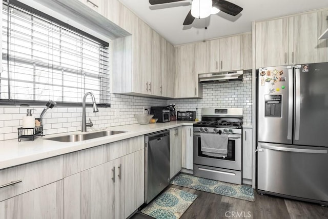 kitchen with light brown cabinetry, sink, dark hardwood / wood-style floors, and appliances with stainless steel finishes