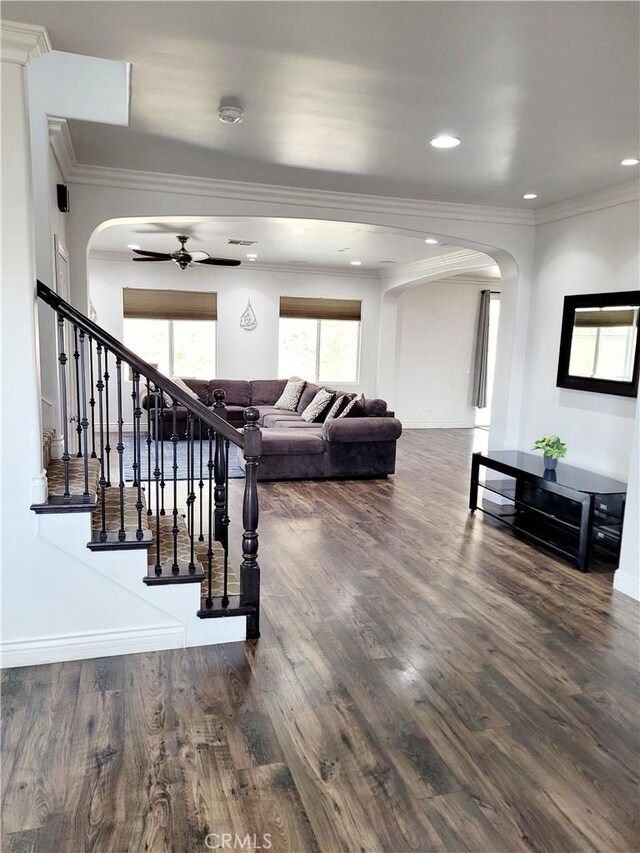 interior space with crown molding, dark hardwood / wood-style floors, and ceiling fan