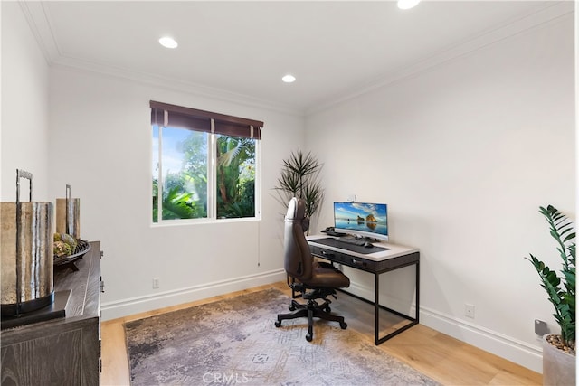 office area featuring wood-type flooring and crown molding