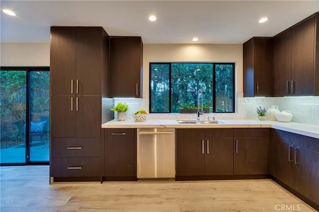 kitchen featuring sink, stainless steel dishwasher, dark brown cabinetry, and light wood-type flooring