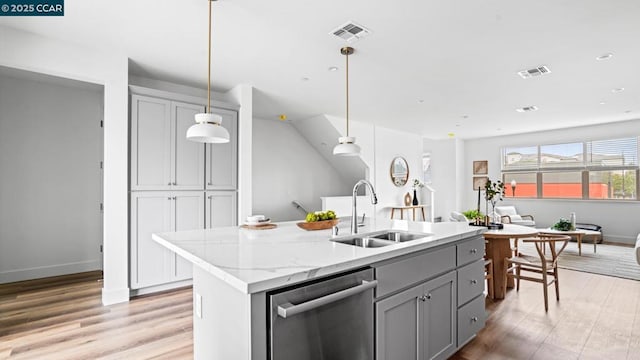 kitchen featuring pendant lighting, an island with sink, sink, stainless steel dishwasher, and light stone counters