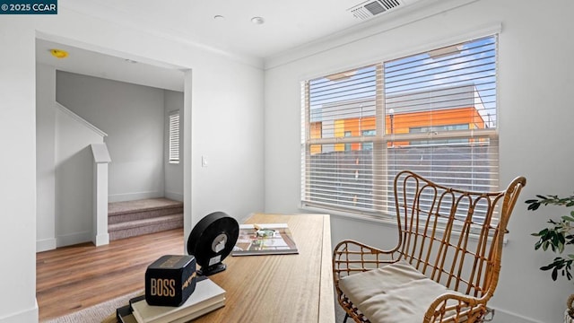 living area featuring wood-type flooring and a healthy amount of sunlight