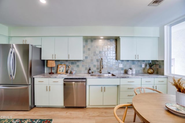 kitchen with tasteful backsplash, stainless steel appliances, sink, and white cabinets