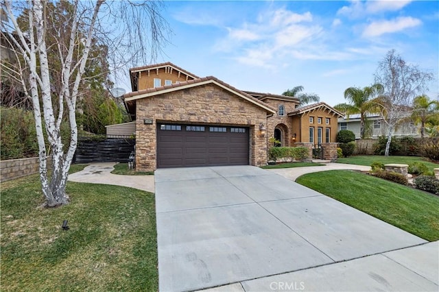 view of front of property with a garage and a front lawn