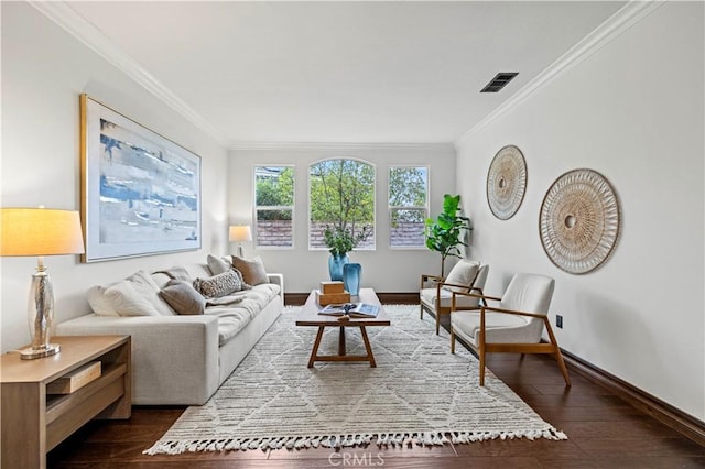 living room featuring crown molding and dark hardwood / wood-style floors