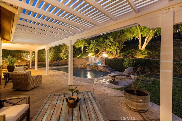 view of patio with a fenced in pool, outdoor lounge area, and a pergola