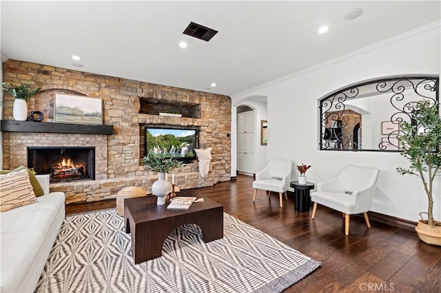 living room featuring crown molding, a large fireplace, and wood-type flooring