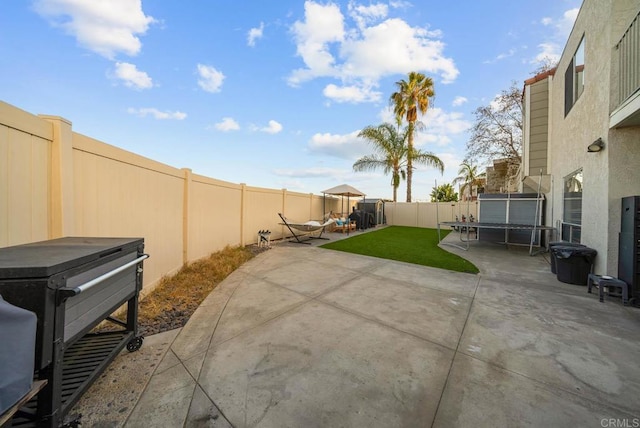 view of patio / terrace with a shed