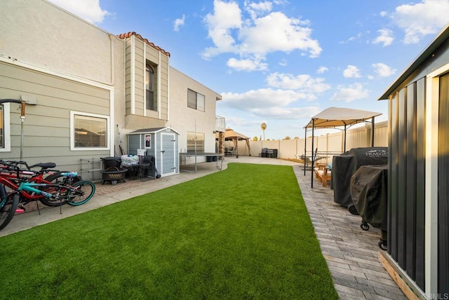 view of yard featuring a patio and a storage unit