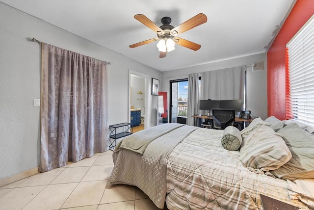 bedroom featuring light tile patterned floors and ceiling fan