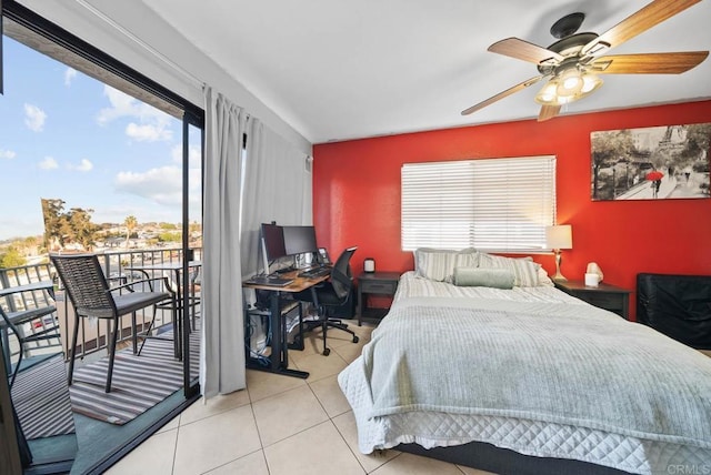 bedroom with light tile patterned floors, access to outside, and ceiling fan