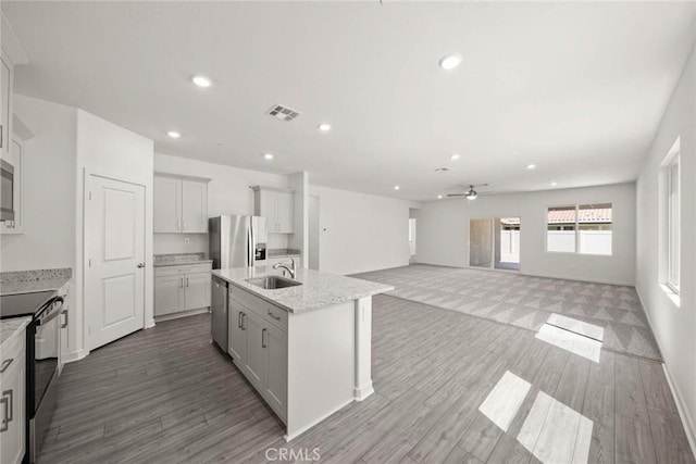 kitchen with sink, a kitchen island with sink, stainless steel appliances, light stone countertops, and light hardwood / wood-style floors