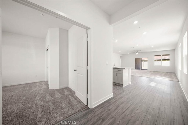 corridor with wood-type flooring and sink