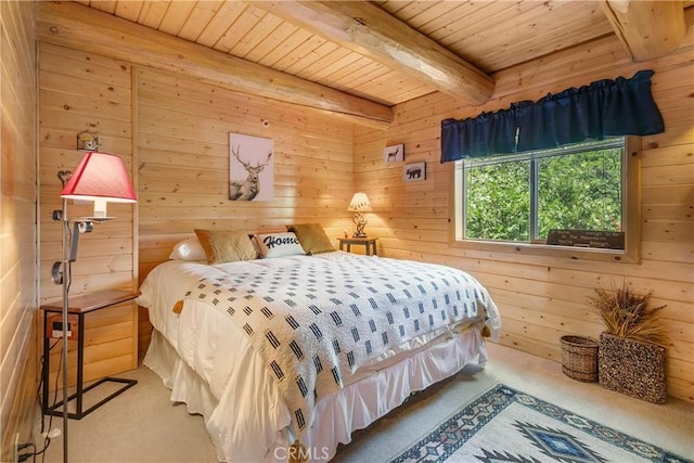 carpeted bedroom featuring wood ceiling, wooden walls, and beam ceiling