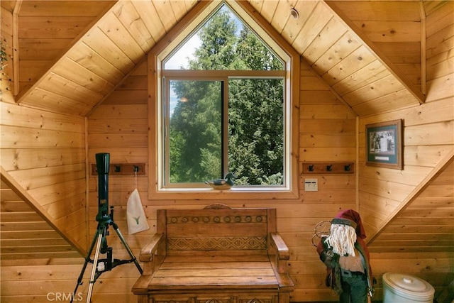 bonus room featuring vaulted ceiling, wood ceiling, and wood walls