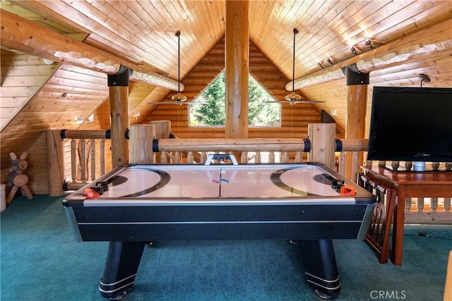 game room with lofted ceiling, wooden ceiling, and carpet flooring