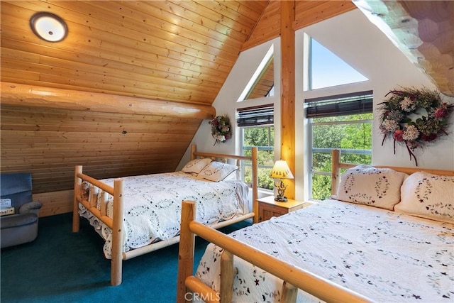 bedroom featuring wood ceiling, vaulted ceiling, wood walls, and dark colored carpet