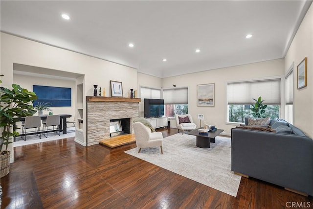 living room featuring hardwood / wood-style flooring and a stone fireplace