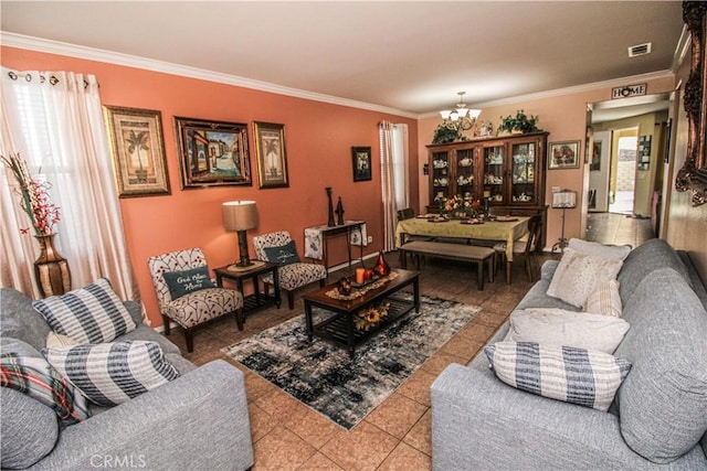 tiled living room featuring ornamental molding and a chandelier