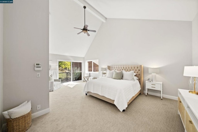 bedroom with ceiling fan, access to exterior, beam ceiling, high vaulted ceiling, and light carpet