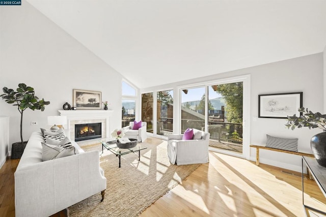 living room featuring high vaulted ceiling, wood-type flooring, and a tile fireplace