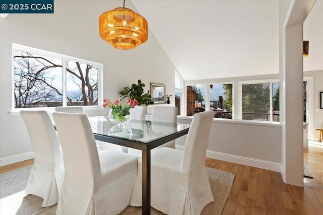 dining room featuring a notable chandelier, hardwood / wood-style flooring, and vaulted ceiling