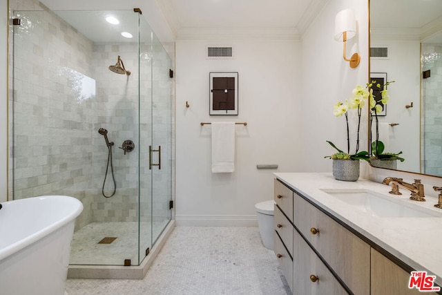 full bathroom featuring vanity, ornamental molding, plus walk in shower, tile patterned floors, and toilet