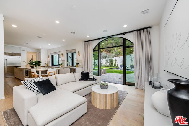 living room featuring light hardwood / wood-style flooring, sink, and plenty of natural light