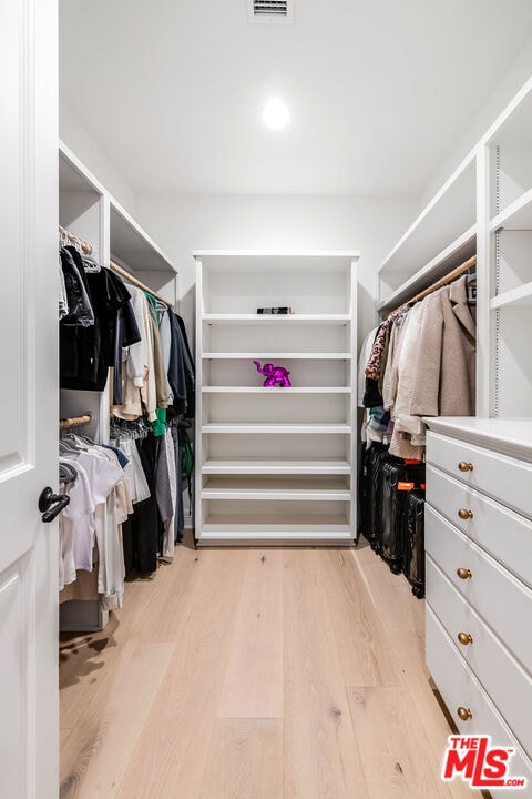 walk in closet with light wood-type flooring