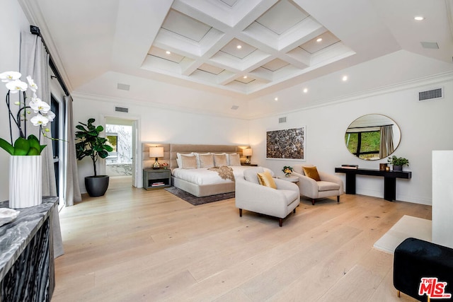 bedroom with a high ceiling, coffered ceiling, light wood-type flooring, and beam ceiling