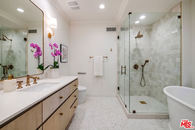 full bathroom featuring plus walk in shower, tile patterned flooring, ornamental molding, vanity, and toilet